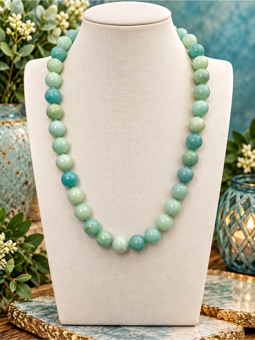 Amazonite 12 mm handknotted 20 inch necklace Aprilsplace
